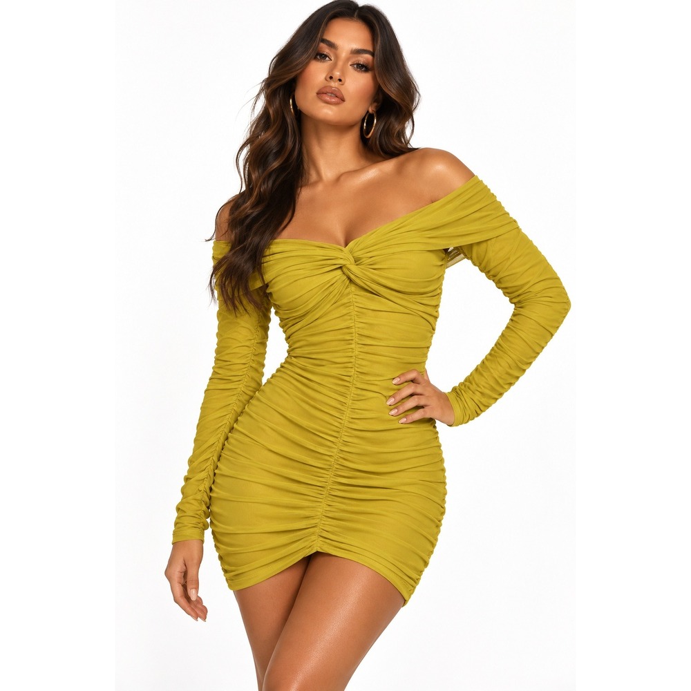 PrettyLittleThing Chartreuse Mesh Extreme Ruched Bardot Bodycon Mini Dress US 12